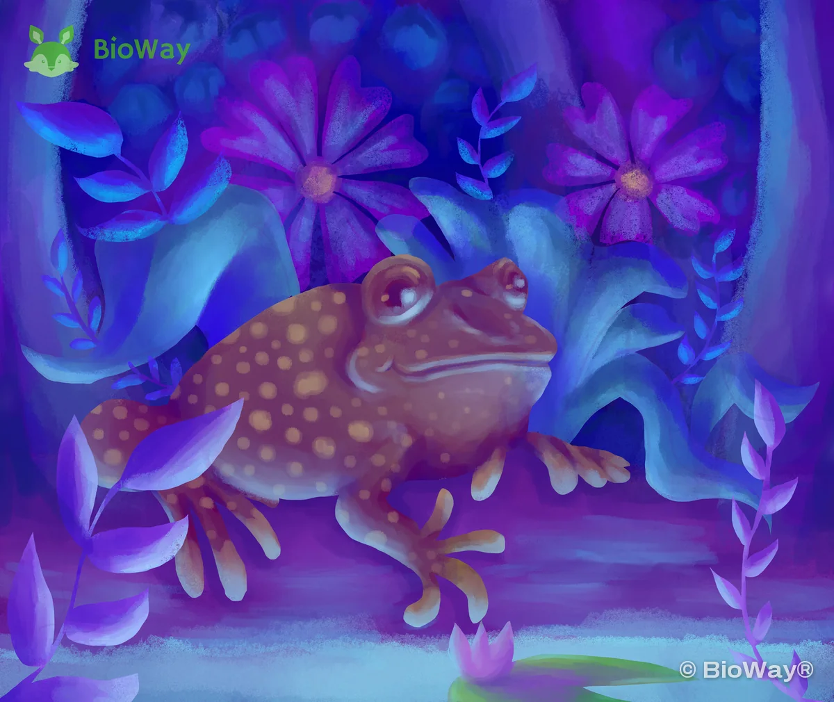 Pintura de la rana de BioWay en azul y morado
