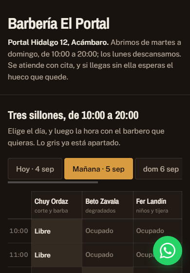 Pantalla de la demo de la barbería en un celular