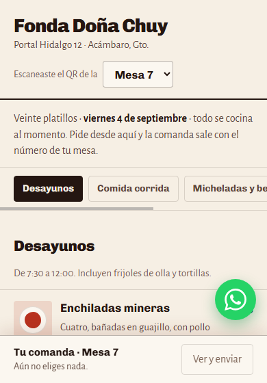 Menú digital del restaurante, funcionando en un celular